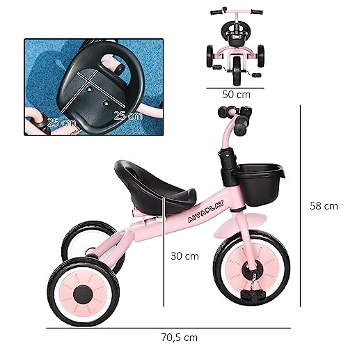 AIYAPLAY Triciclo para Niños de 2 a 5 Años Bicicleta Infantil con Asiento Ajustable Cesta Timbre Pedales y 3 Ruedas Carga 25 kg 70,5x50x58 cm Rosa