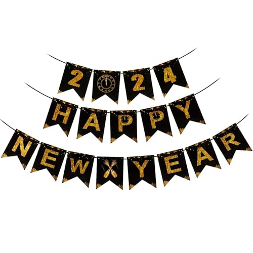 AIYONG 2024 Happy New Year Banner with Star New Year Garland Banner for Beautiful New Year Decorations 2024 New Year's Eve Party Accessories 2024 Happy New Year