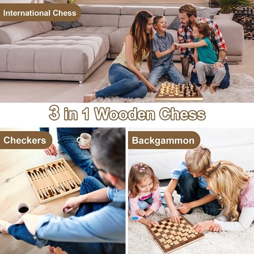 Ajedrez Madera, 3 en 1 Juego de Ajedrez Damas Backgammon, Plegable Chess Set para Niños Adulto, Portatil Tablero Ajedrez para Familiares Fiesta Viaje - 29×29×2CM