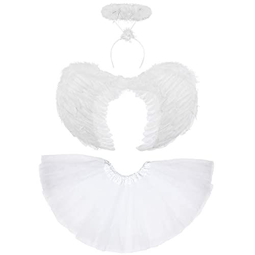 Alas de ángel blanco y Halo Disfraz de ángel de alas de hadas para adultos - Tutú de alas blancas de 3 piezas y disfraz de ángel caído de halo blanco Disfraz de Halloween para mujer