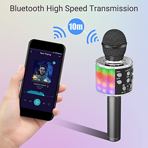 Ankuka Micrófono Karaoke Bluetooth Micrófono Inalámbrico Karaoke Micrófono Niña con Luces LED Regalo Juguetes para Niños Micrófono Cambiador de Voz, Compatible con Android, iOS, PC Negro