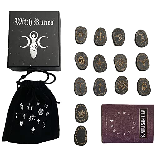 ANUFER 13 Piezas Alfabeto de Madera Grabado Bruja Runes Conjunto Mágico con Bolsa de Terciopelo y Guía