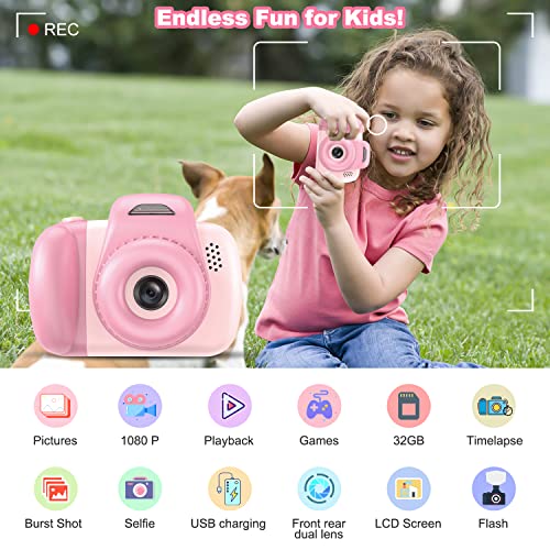 AONISE cámara para Niños, Cámara Digital Selfie Niños, con la Lámpara de Flash, Grabadora de Vídeo HD 1080p, Cámara de Fotos Infanti Juguetes Niños, Regalo para Niño, Niña de 3 a 12 Años (Pink)