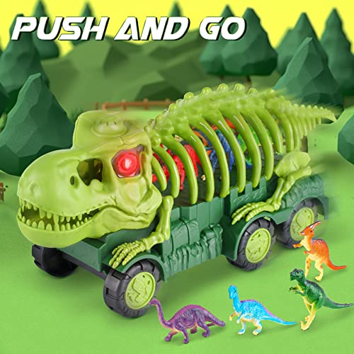 Aoskie Camión Transportador de Dinosaurio para niños 3 4 5 6 7 años, con Luz y Sonido, 4 Dinosaurios Juguetes Coches, 12 Mini Dinosaurio