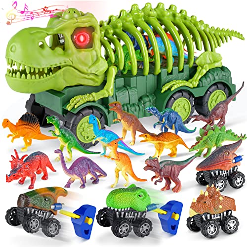 Aoskie Camión Transportador de Dinosaurio para niños 3 4 5 6 7 años, con Luz y Sonido, 4 Dinosaurios Juguetes Coches, 12 Mini Dinosaurio