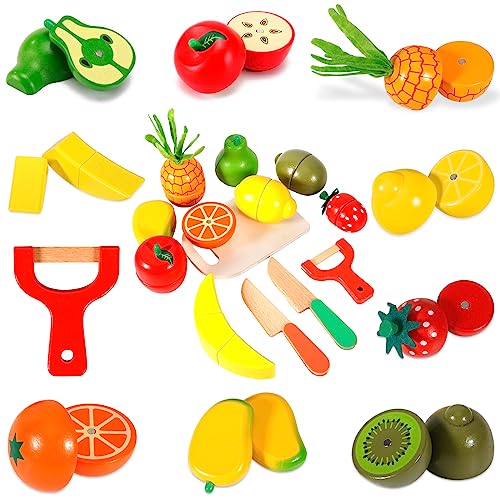 AOUVT Juguetes de Cocina de Madera para Niños, Juguetes de Frutas de Madera Magnéticos - Juguetes Educativos de Reconocimiento de Color para Niños y Niñas de 3 Años en Adelante Regalos de Juguetes