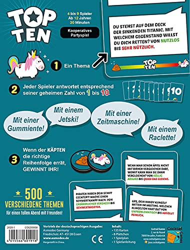 Asmodee- Unicorn Top Ten, Color Multicolor, Colorido (Cocktail Games COGD0008), versión alemana