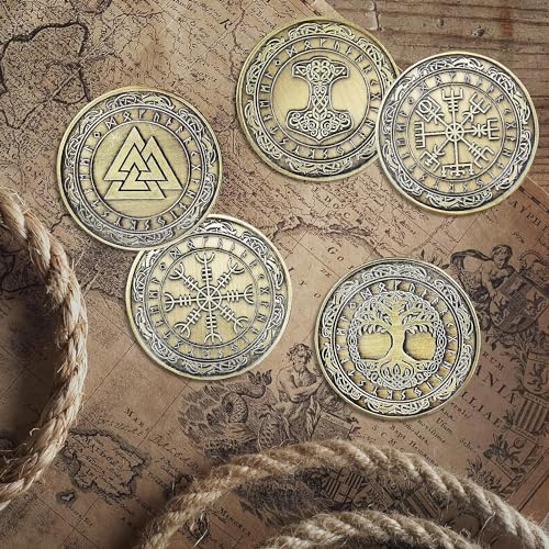 AtSKnSK Moneda vikinga nórdica Mjolnir Moneda Martillo de Thor Moneda Mitología Nórdica Talismán (Moneda Yggdrasil (Árbol de la Vida))