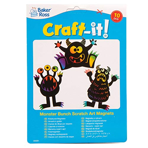 Baker Ross AX251 Kit Imanes Monstruo De Halloween Scratch Art - Paquete De 10, Ideal Para Manualidades, Juguetes Educativos Y Regalos Para Niños
