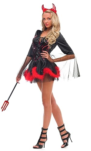 Balinco Disfraz de diablo para Halloween, orejas de diablo + tridente, traje de diablo, cuernos de diablo rojo, horquilla de diablo, tridente, traje de Satanás, carnaval, carnaval