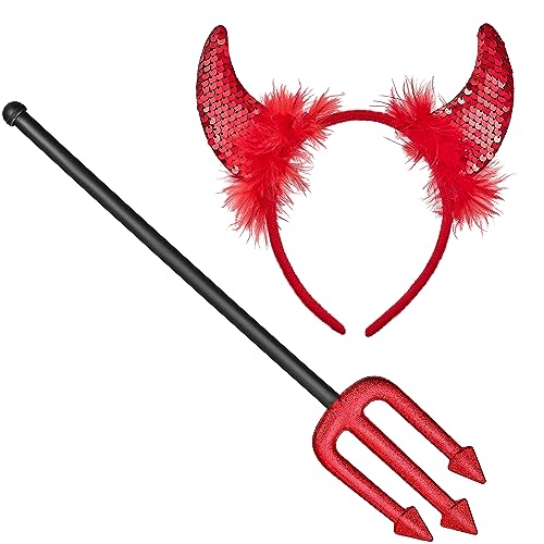 Balinco Disfraz de diablo para Halloween, orejas de diablo + tridente, traje de diablo, cuernos de diablo rojo, horquilla de diablo, tridente, traje de Satanás, carnaval, carnaval