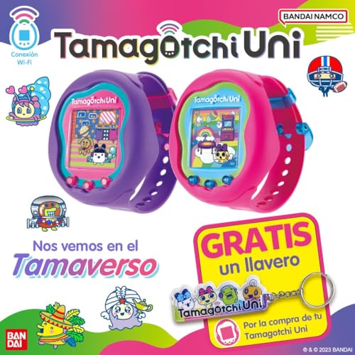 Bandai Tamagotchi Uni Mascota Virtual, Morado, Multicolor 43352 con Regalo llavero de Edición Limitada (solo Bandai España) 43352