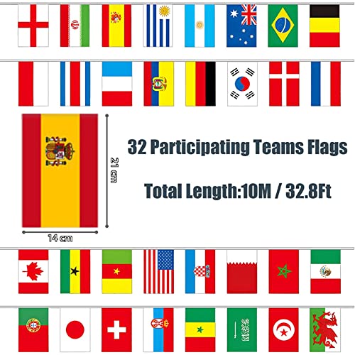 Banderas de fútbol de la Copa del Mundo 2022, banderines de la Copa del Mundo 2022, 32banderas de países que participan en la Copa del Mundo, bar, restaurante 10 m