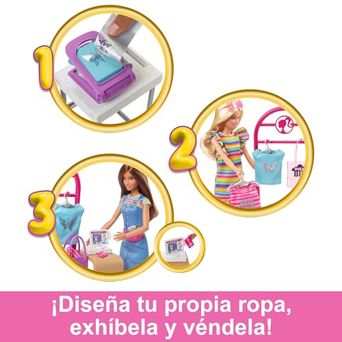 Barbie Boutique Diseña y vende Muñeca morena con tienda de ropa personalizable y accesorios, juguete +3 años (Mattel HKT78)
