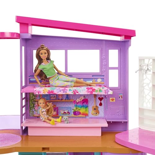 Barbie Casa Malibú Casa de muñecas plegable 2 pisos con 6 habitaciones y muebles, incluye 30 accesorios, juguete de regalo +3 años (Mattel HCD50)