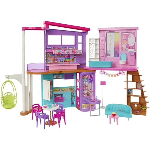Barbie Casa Malibú Casa de muñecas plegable 2 pisos con 6 habitaciones y muebles, incluye 30 accesorios, juguete de regalo +3 años (Mattel HCD50)