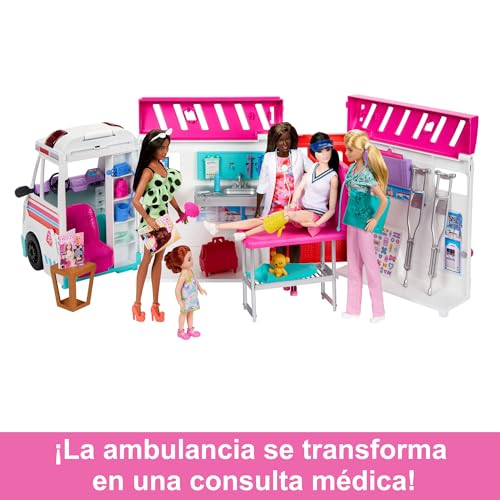 Barbie Clínica de cuidados Coche médico de juguete para muñecas con luces y sonidos y accesorios de hospital, +3 años (Mattel HKT79)