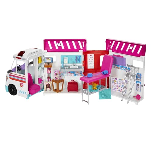 Barbie Clínica de cuidados Coche médico de juguete para muñecas con luces y sonidos y accesorios de hospital, +3 años (Mattel HKT79)