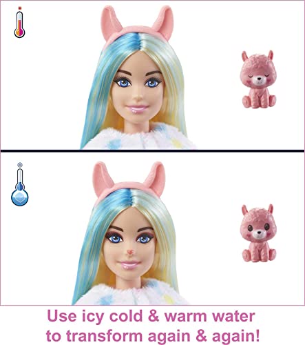Barbie Cutie Reveal Serie Fantasía Llama Disfraz rosa revela una muñeca articulada con mascota y accesorios sorpresa de moda, juguete +3 años (Mattel HJL60)