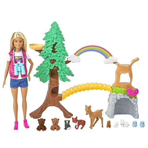 Barbie Exploradora de la Naturaleza Muñeca rubia con moda de montaña y set de juego con animales de juguete y accesorios (Mattel GTN60)