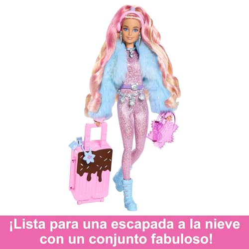 Barbie Extra Fly, Muñeca con temática de viajes con conjunto invernal para la nieve, mono rosa brillante y abrigo de piel sintética, juguete +3 años (Mattel HPB16)