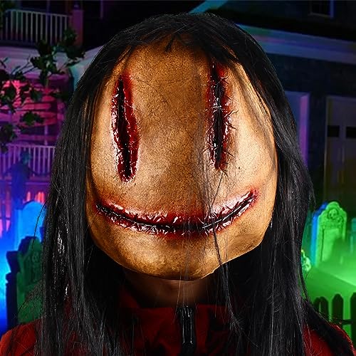 BBAUER terror Halloween | Smile Face Asesinos en serie Creepy Headgear con pelo,Accesorios cosplay, tocado espeluznante cabeza completa látex para mascarada fiesta