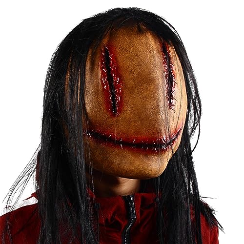 BBAUER terror Halloween | Smile Face Asesinos en serie Creepy Headgear con pelo,Accesorios cosplay, tocado espeluznante cabeza completa látex para mascarada fiesta