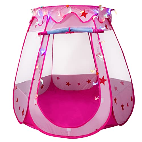 Becontrip Tienda Campaña Infantil, Tipi Plegable Rosa con Diseño de Castillo Princesas y Sistema Pop-up,Casitas Tela con Luces Led para Regalo de Niños,125x85cm