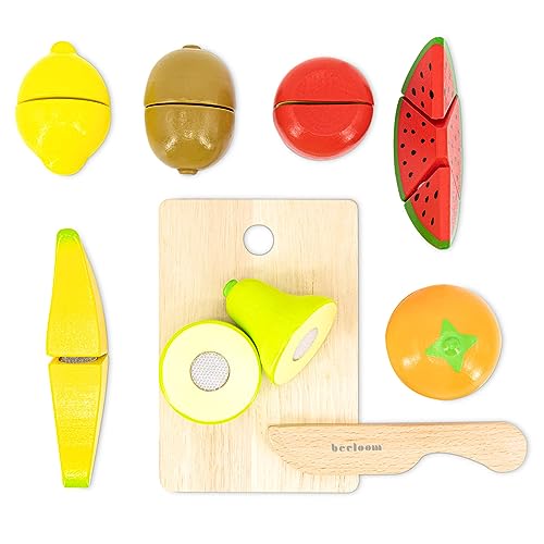 Beeloom - Tabla Frutas Alimentos Madera Natural, Fruit Table, Juguete simbólico para Cortar, Set Juego imaginativo Infantil, Surtido Piezas niños hortalizas