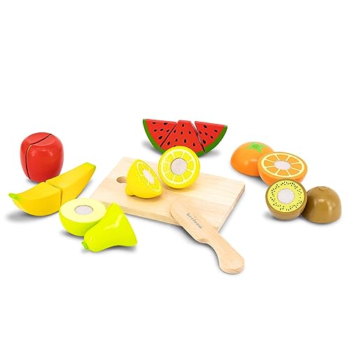 Beeloom - Tabla Frutas Alimentos Madera Natural, Fruit Table, Juguete simbólico para Cortar, Set Juego imaginativo Infantil, Surtido Piezas niños hortalizas