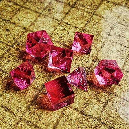 Bescon Crystal Clear (Unpainted) Sharp Edge DND Dice Set of 7, Razor Edged Polyhedral D&D Dice Set for Dungeons and Dragons Role Playing Games, Fuchsia Color
