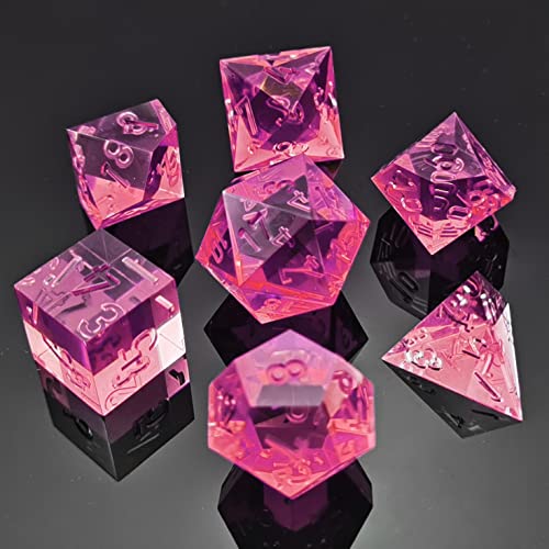 Bescon Crystal Clear (Unpainted) Sharp Edge DND Dice Set of 7, Razor Edged Polyhedral D&D Dice Set for Dungeons and Dragons Role Playing Games, Fuchsia Color