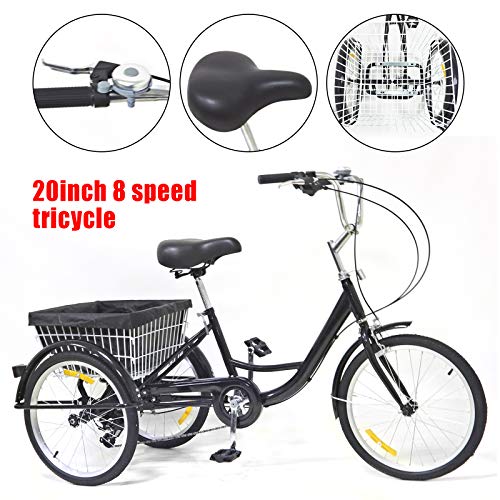 Bicicleta para Adultos de 20 Pulgadas, Triciclo de 8 velocidades, Bicicleta de Acero al Carbono, 3 Ruedas para Adultos con Cesta de la Compra, Triciclo para Personas Mayores (110 kg, 155-180 cm)