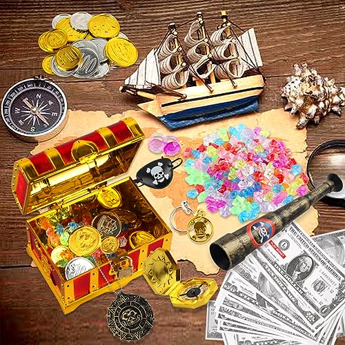 Binggunyo 159PCS Monedas de Oro Piratas Juguetes, Cofre del Tesoro Pirata, Tesoro Pirata Niños, Cofre del Tesoro Juguete, Monedas Oro Pirata para Fiesta Temática Pirata Regalo Decoración