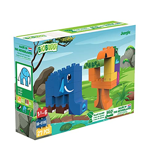 BIOBUDDI Animales Salvajes | Elefante y tucán en la Selva, 27 Piezas, 100% Compatible con Lego & Duplo, (Países Bajos), 97% bioplástico, BB-0106
