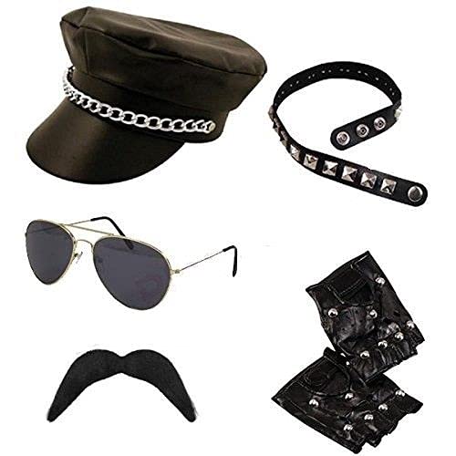 Blue Planet Online - Leather Look Biker Hat, Sunglasses, Gloves, Choker & Moustache YMCA Gay Pride Fancy Dress by Blue Planet Online