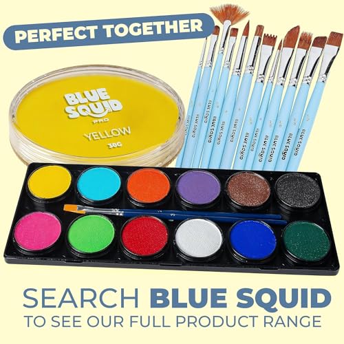 Blue Squid Pinturas faciales profesionales con base acuosa, aptas para la cara y para el cuerpo, para niños, adultos y efectos especiales, envase individual (color amarillo, 30 g)