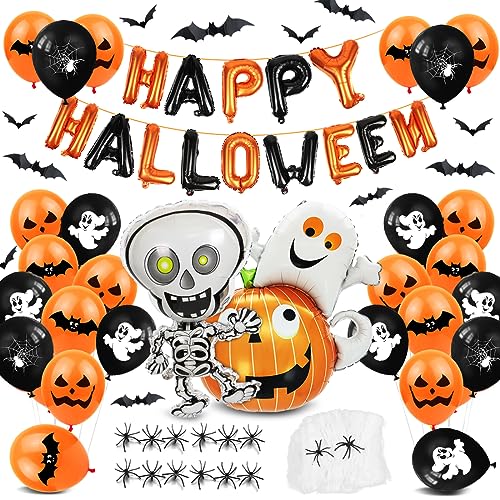 Bluelves Halloween Decoración Set, XXL Happy Halloween Globos de Aluminio, Globos Fantasma Calabaza Negro Naranja, Murciélago Araña Accesorios, Decoraciones para Fiestas temáticas de Halloween