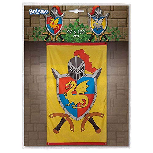 Boland 44008 - Bandera caballero y dragón, tamaño 150 x 90 cm, decoración colgante con dragón y escudo de armas, banderola, decoración para fiesta temática, cumpleaños o carnaval