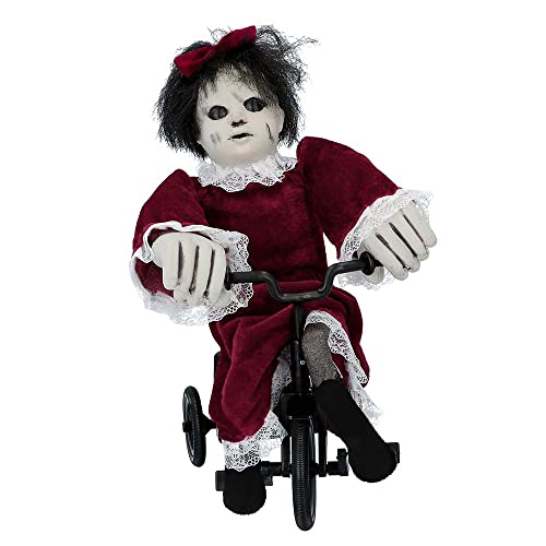 Boland 73048 - Muñeca Terror interactiva en Bicicleta, tamaño 35 x 21 cm, Angry Mathilde, muñeca terrorífica con Sonido y Movimiento, decoración, Objeto Decorativo, Halloween, Carnaval, Fiesta