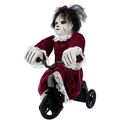 Boland 73048 - Muñeca Terror interactiva en Bicicleta, tamaño 35 x 21 cm, Angry Mathilde, muñeca terrorífica con Sonido y Movimiento, decoración, Objeto Decorativo, Halloween, Carnaval, Fiesta