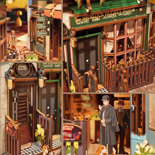 Book Nook DIY Miniature Kit - Dollhouse Kit Madera con Muebles y luz LED, Rompecabezas 3D sujetalibros de Arte de Madera (Sherlock Holmes Baker Street)