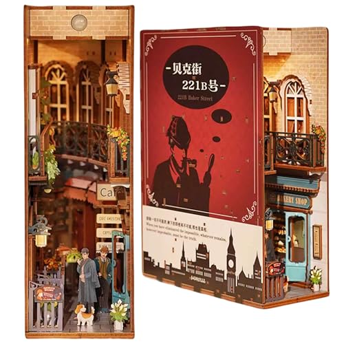 Book Nook DIY Miniature Kit - Dollhouse Kit Madera con Muebles y luz LED, Rompecabezas 3D sujetalibros de Arte de Madera (Sherlock Holmes Baker Street)