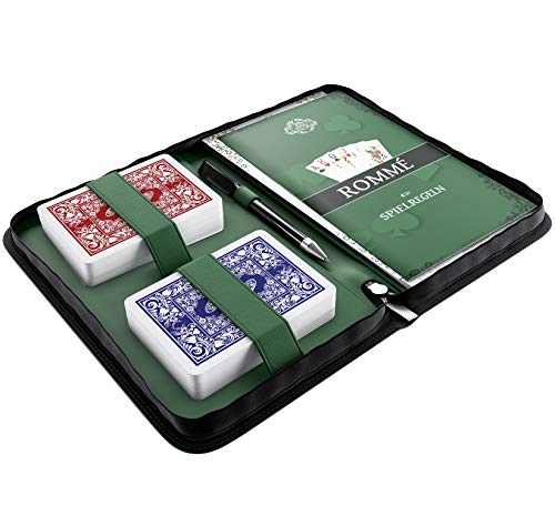 Bullets Playing Cards Rommé - Juego de cartas en estuche de piel sintética, incluye cartas de plástico con 15 variantes de Rommee, reglas cortas, lápiz y bloc