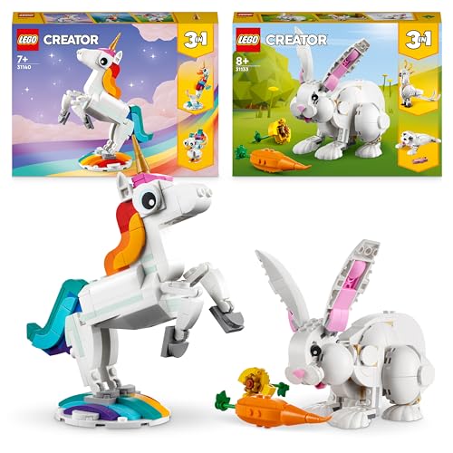 Bundle of LEGO 31140 Creator 3 en 1 Unicornio Mágico, Caballito de Mar o Pavo Real+ LEGO 31133 Creator 3en1 Conejo Blanco, Juguete de Animales para Construir con Piezas