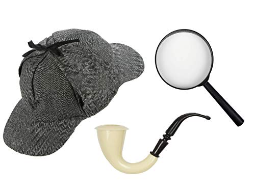 CA SE FETE - Disfraz de detección inglesa I sombrero Deerstalker Sherlock gris I Pipe I Lupa negra 17 cm I Carnaval