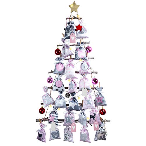 Calendario de Adviento para rellenar usted mismo (12 x 21 cm), 24 bolsas de tela, calendario de Navidad 2022 para rellenar con bolsas de tela rosa gris para niños, niñas y mujeres