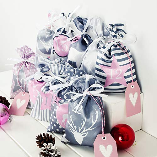 Calendario de Adviento para rellenar usted mismo (12 x 21 cm), 24 bolsas de tela, calendario de Navidad 2022 para rellenar con bolsas de tela rosa gris para niños, niñas y mujeres
