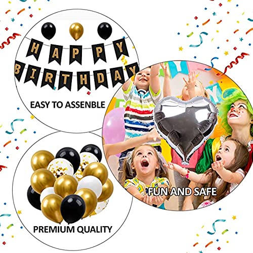 CAM2 Decoración para cumpleaños con 1 pancarta de feliz cumpleaños, 4 globos de pentagrama, 32 globos de color negro, dorado y blanco