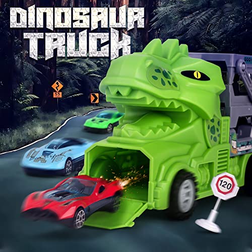 Camiones Juguete Coche para 3 4 5 Años, Parking Garaje de Dinosaurio Regalo para Niños con 8 Minicoches 1 Accesorios de Mapa Carreteras Juego